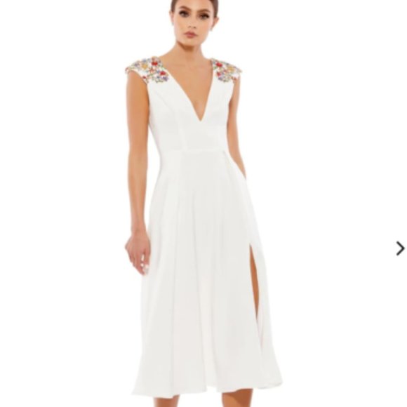 MAC DUGGAL BEADED CAP SLEEVE A-LINE FRONT SLIT WHITE MIDI DRESS sz 14 - Picture 1 of 3